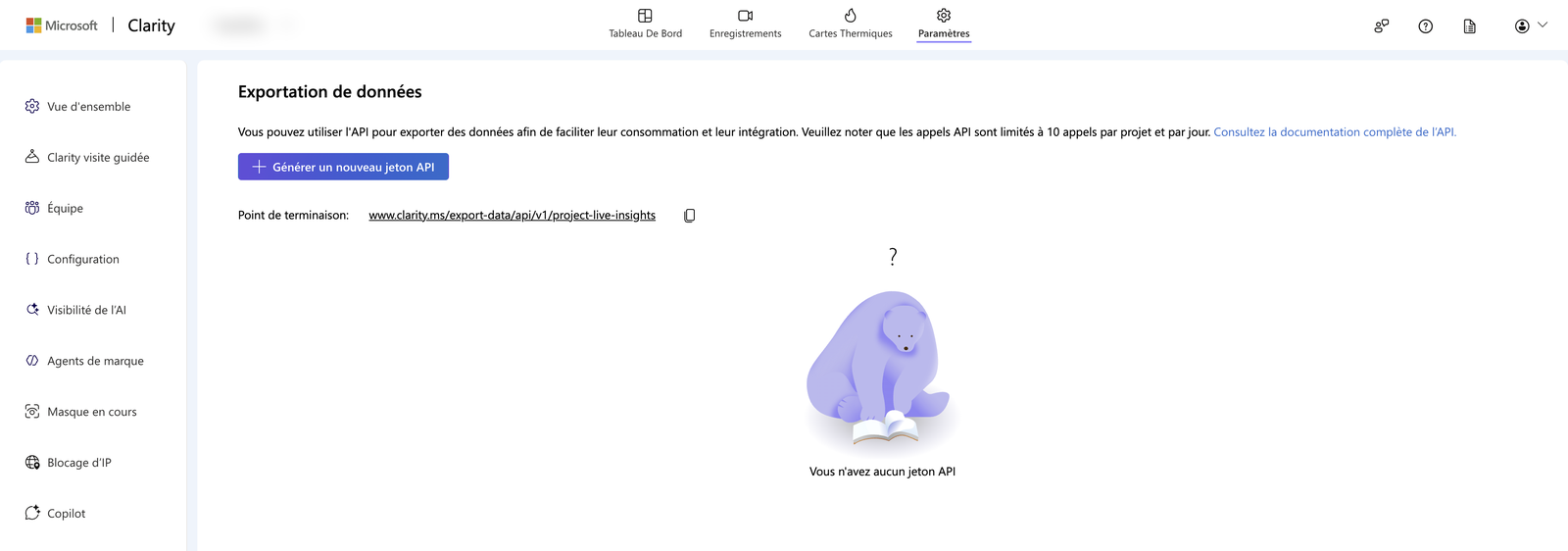 L'écran Exportation de données de Clarity : bouton « Générer un nouveau jeton API », point de terminaison, et la mention d'une limite de 10 appels par projet et par jour.